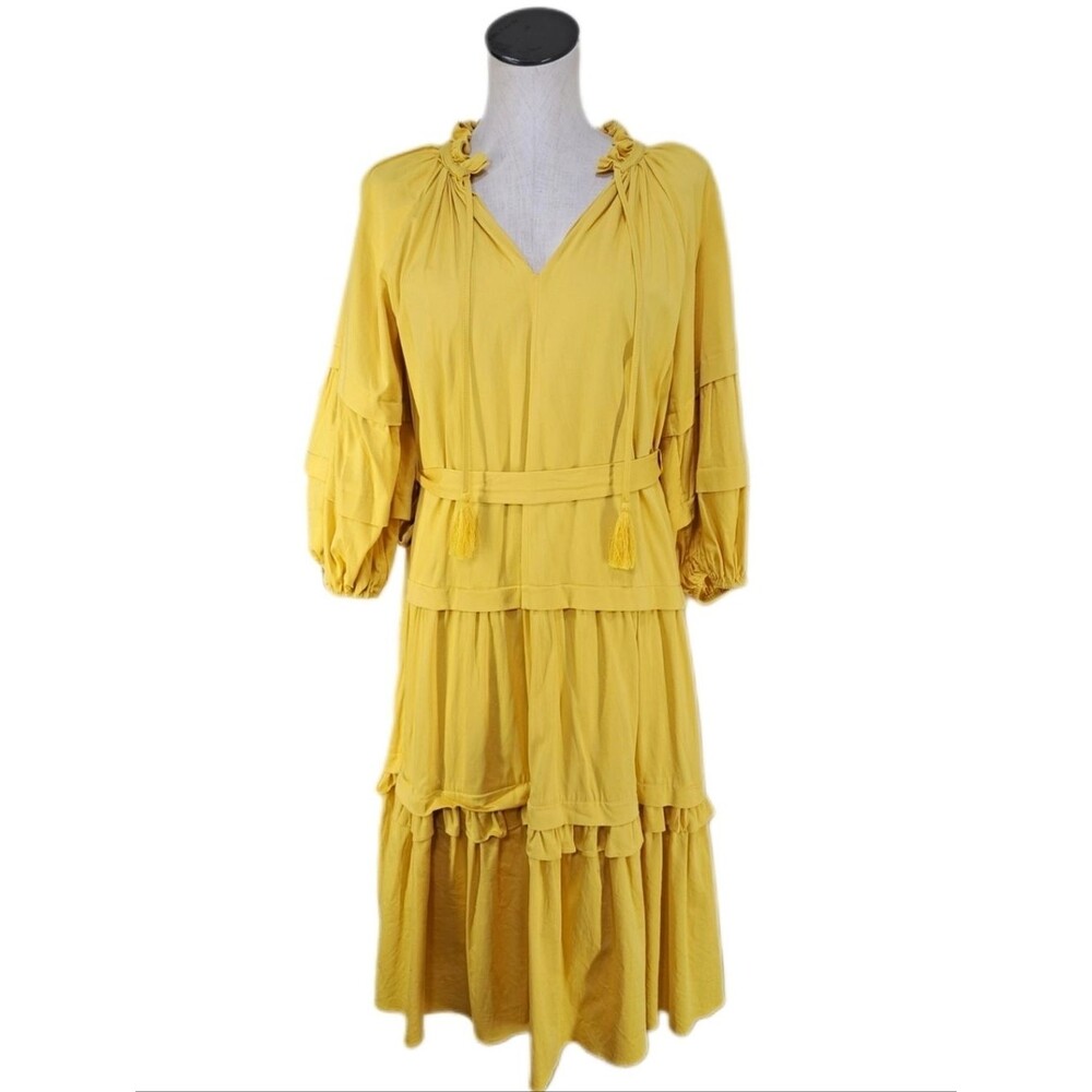 Elie Tahari Tassel Midi Ruffle Dress Balloon Sleeves Golden Yellow Size XS